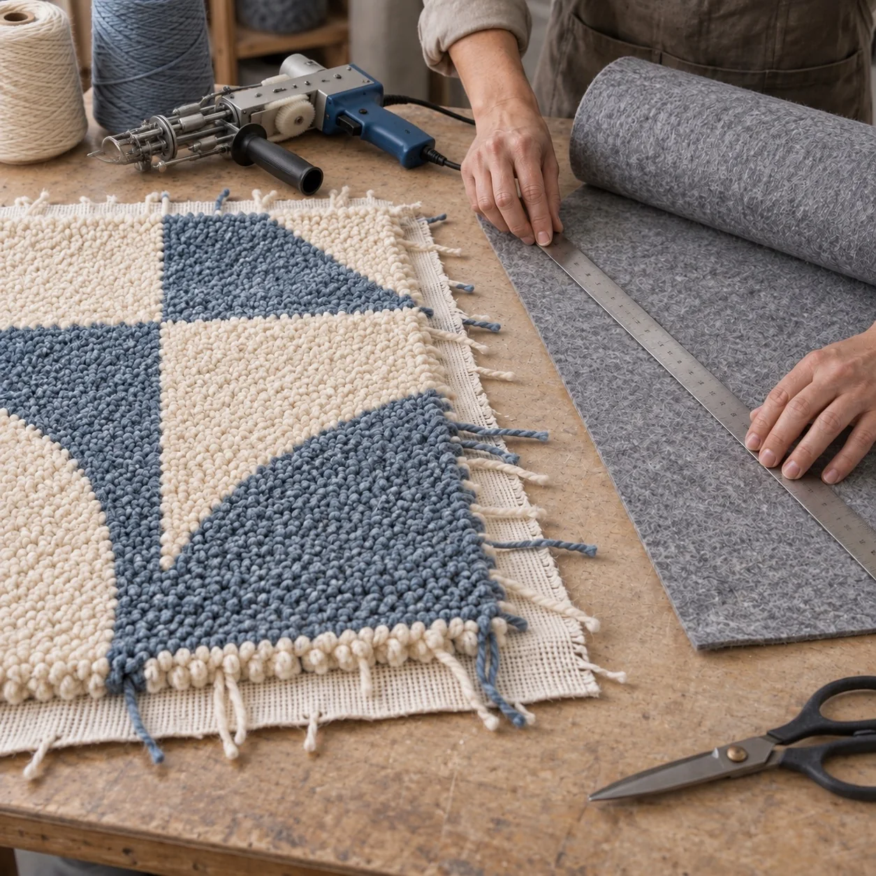 Preparación de fieltro junto a una alfombra de tufting en proceso de fabricación