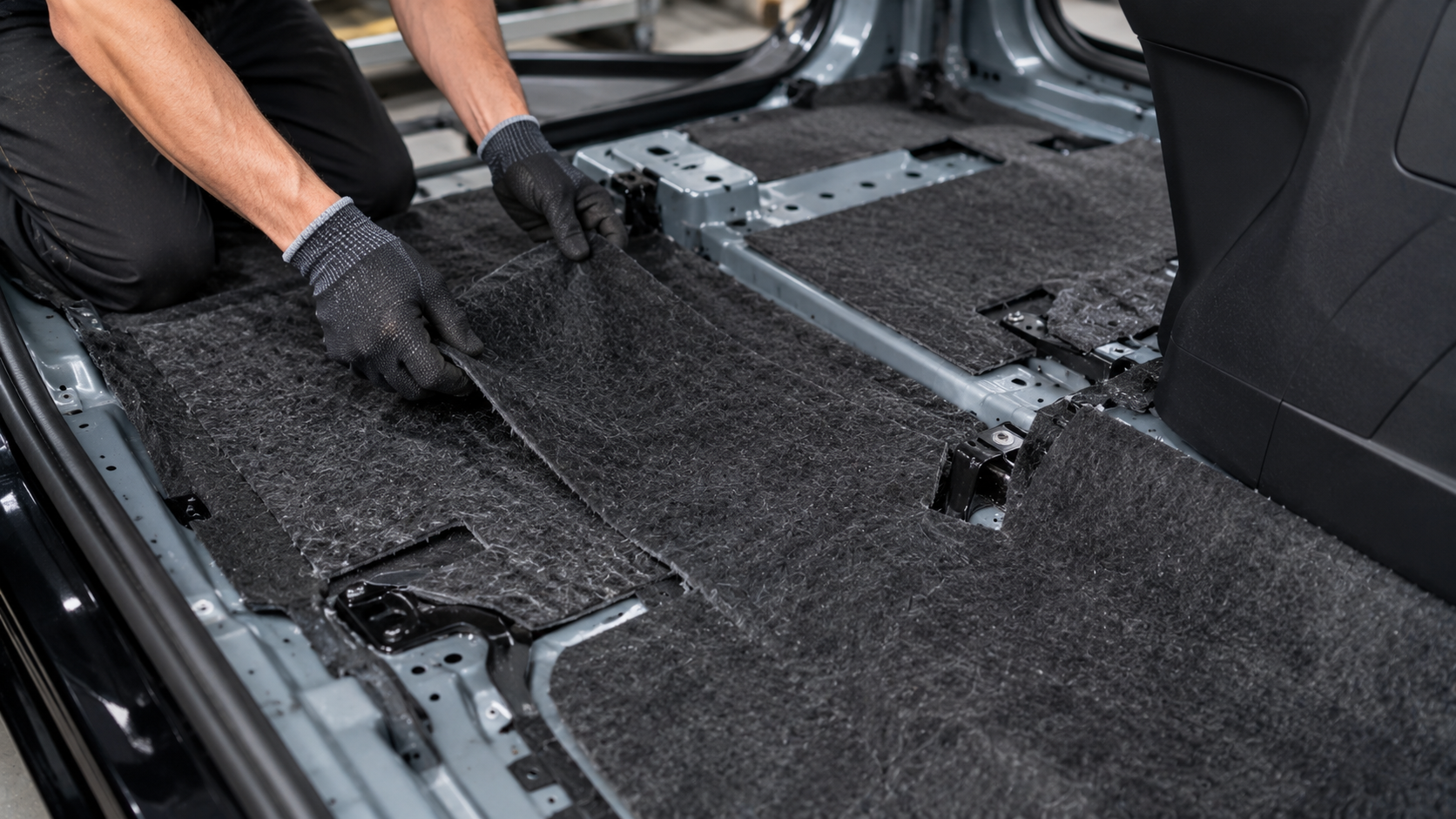 Fieltro no tejido colocado como aislante bajo alfombra en interior automotriz