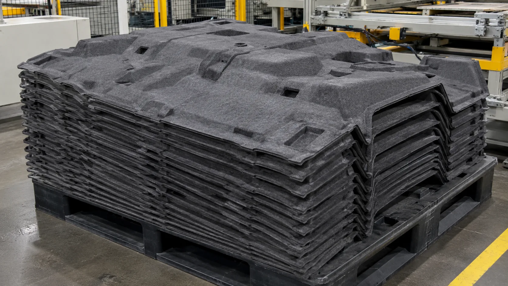 Pila de piezas termoformadas de fieltro punzonado gris sobre pallet industrial junto a la línea de producción