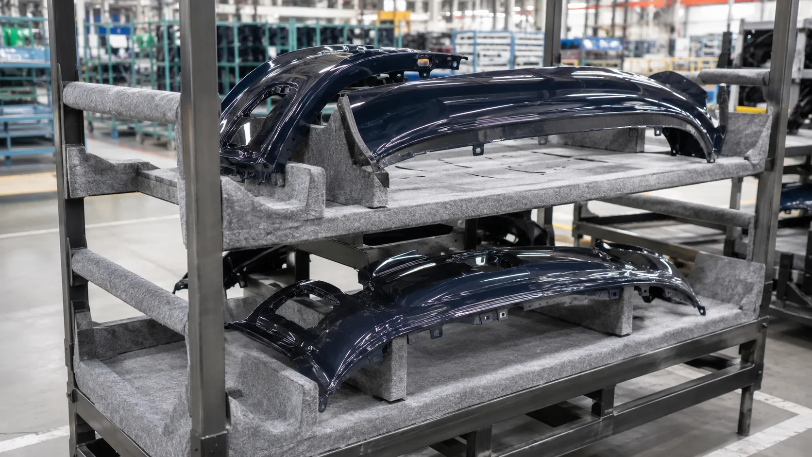 Rack logístico metálico con apoyos y travesaños forrados en fieltro punzonado gris, transportando paragolpes pintados