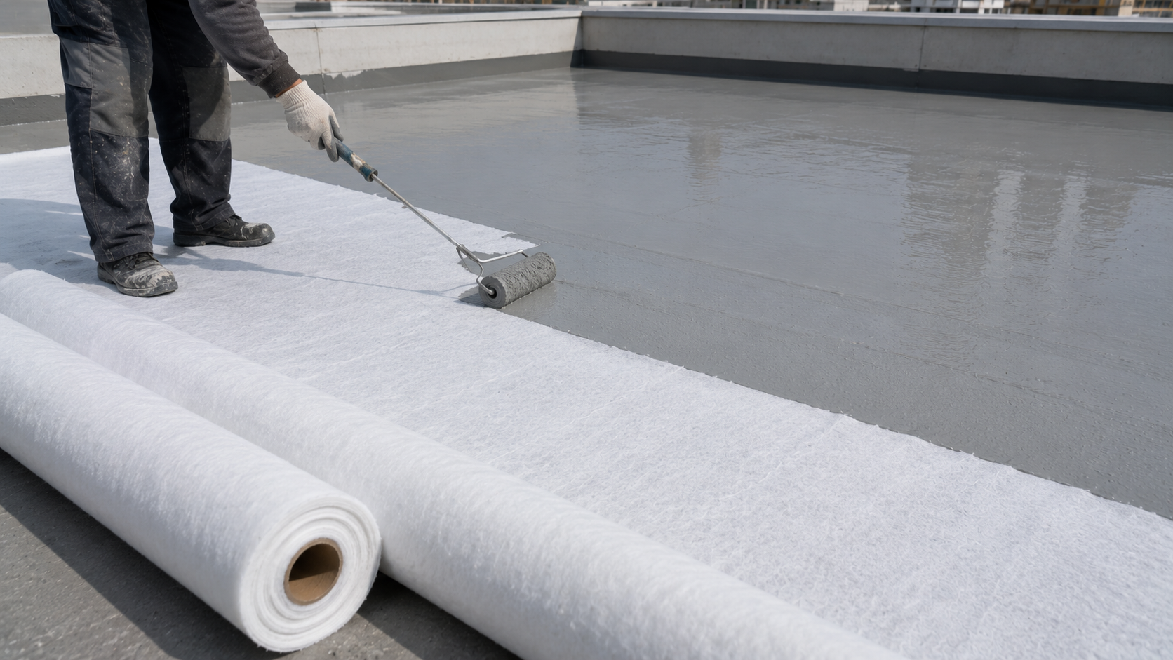 Geotextil no tejido blanco aplicado como refuerzo de membrana líquida en cubierta