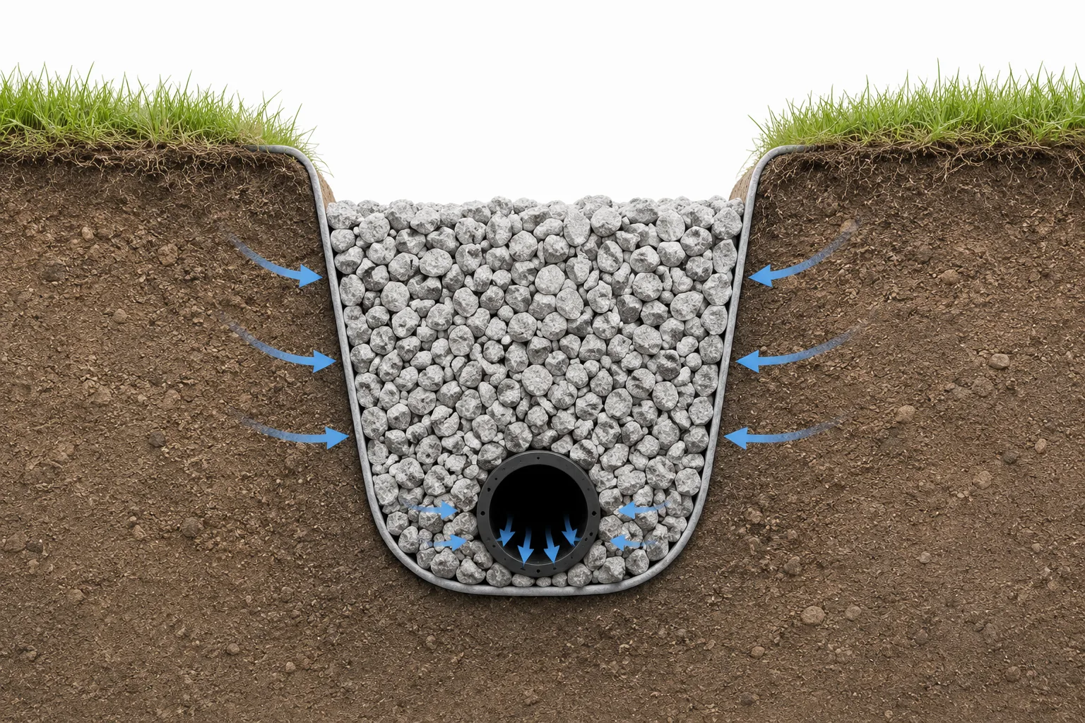 Esquema en corte de un drenaje francés: zanja revestida con geotextil, grava y caño ranurado; el agua atraviesa el geotextil y los finos del suelo quedan afuera