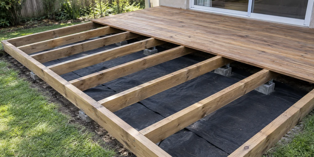 Manta negra extendida sobre el suelo debajo de la estructura de un deck de madera