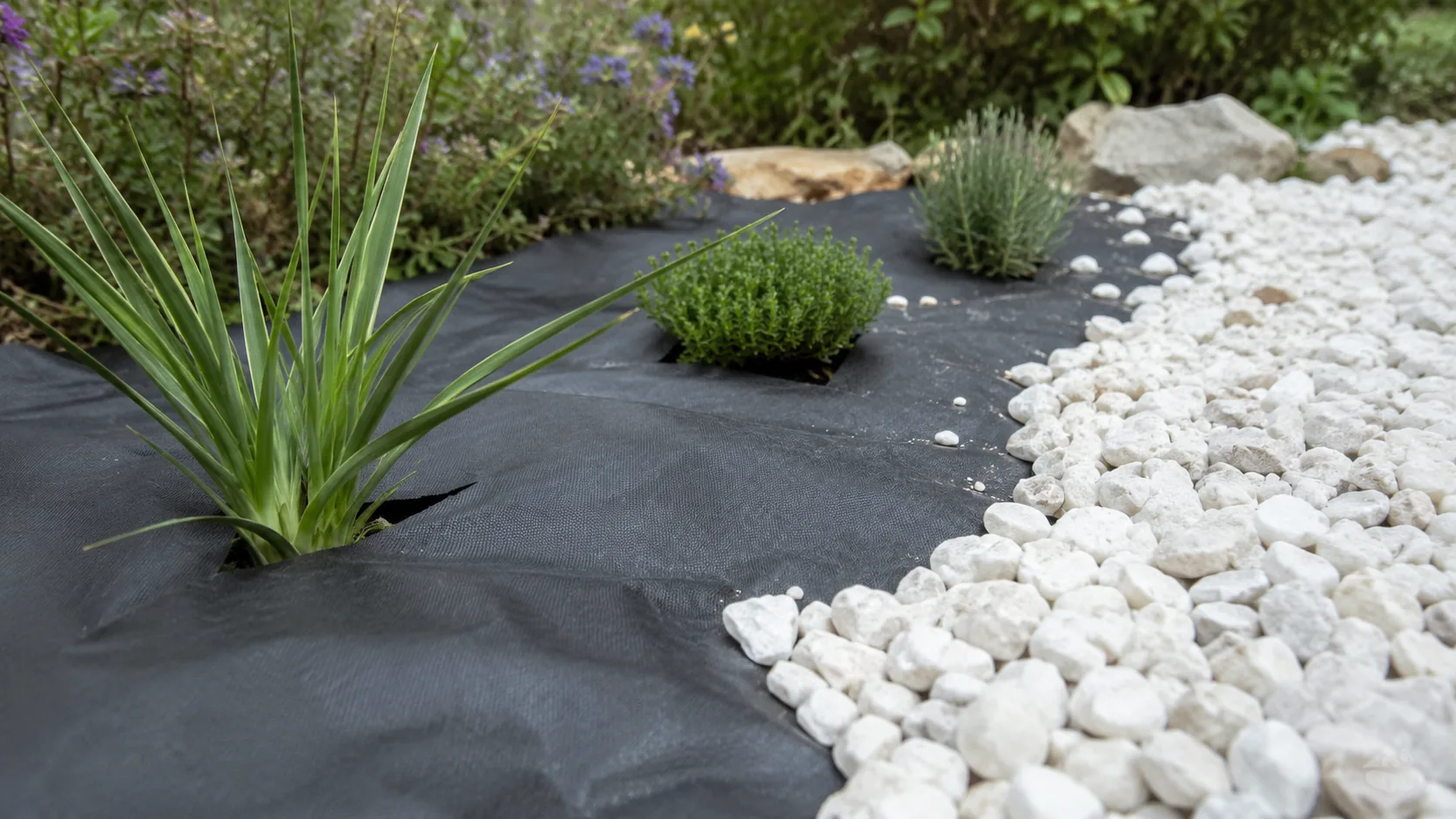 Geotextil negro de control de maleza en cantero, con plantas creciendo por aberturas y cobertura de gravilla blanca