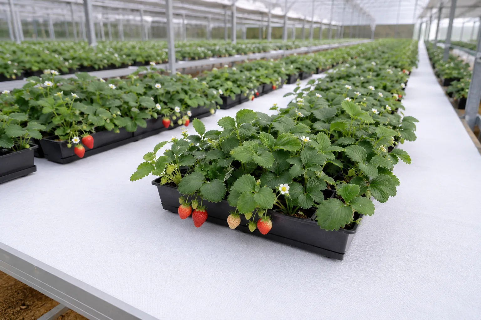 Manta capilar en mesa de subirrigación de vivero, con bandejas de plantines