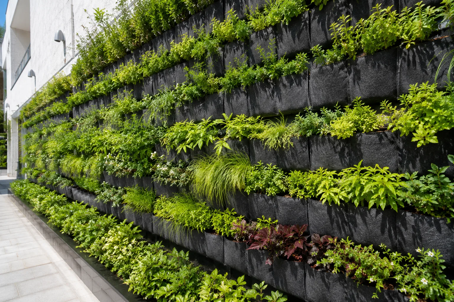 Jardín vertical con módulos de fieltro no tejido y plantas en pared exterior