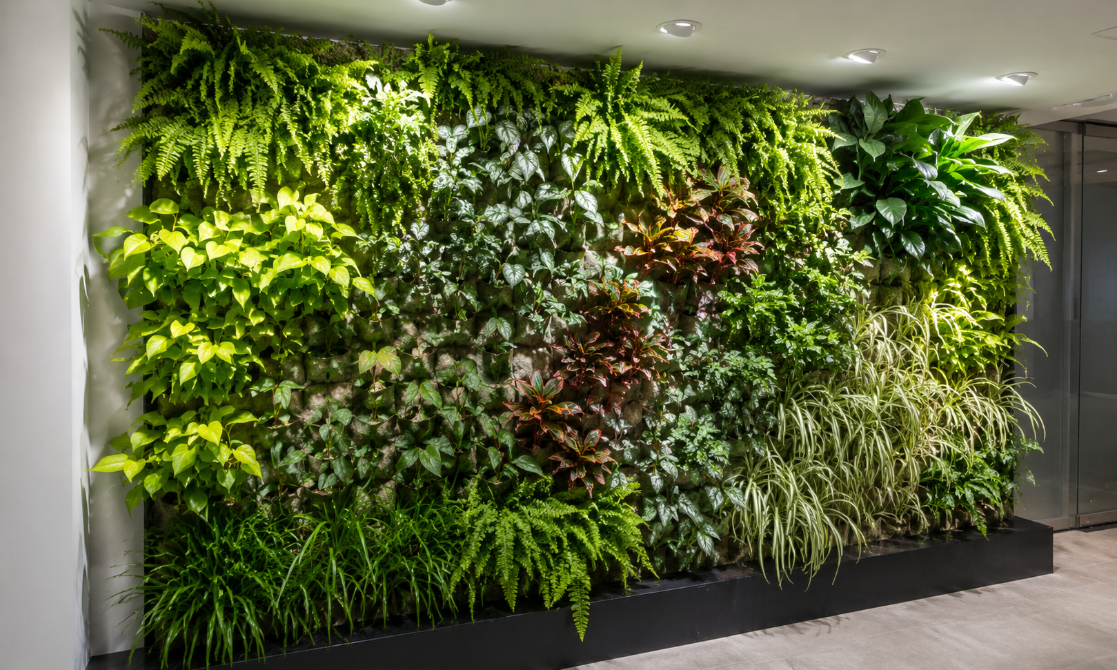 Pared verde interior con vegetación densa sobre estructura de fieltro no tejido