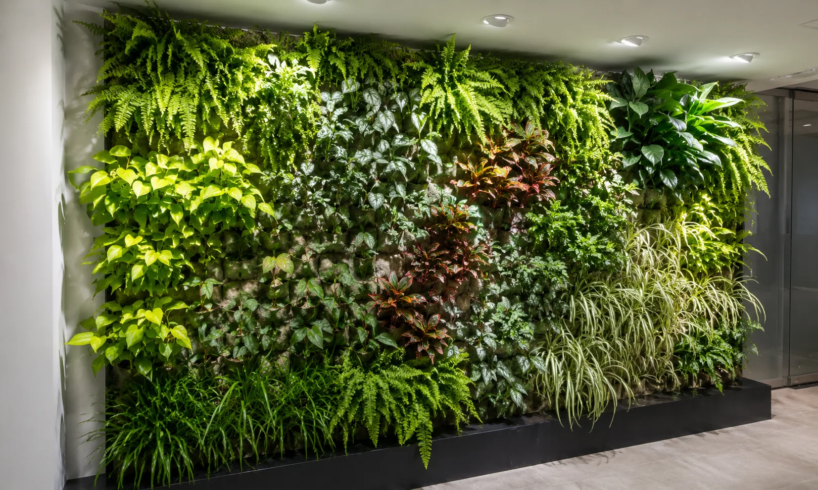 Pared verde interior con vegetación densa sobre estructura de fieltro no tejido