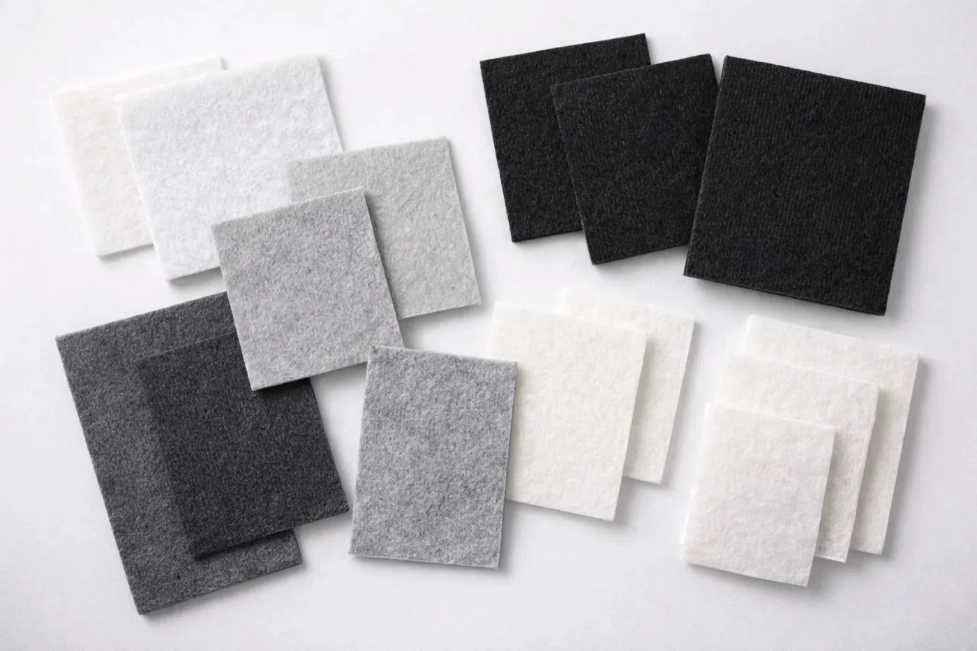 Muestras de telas no tejidas en blanco, gris y negro