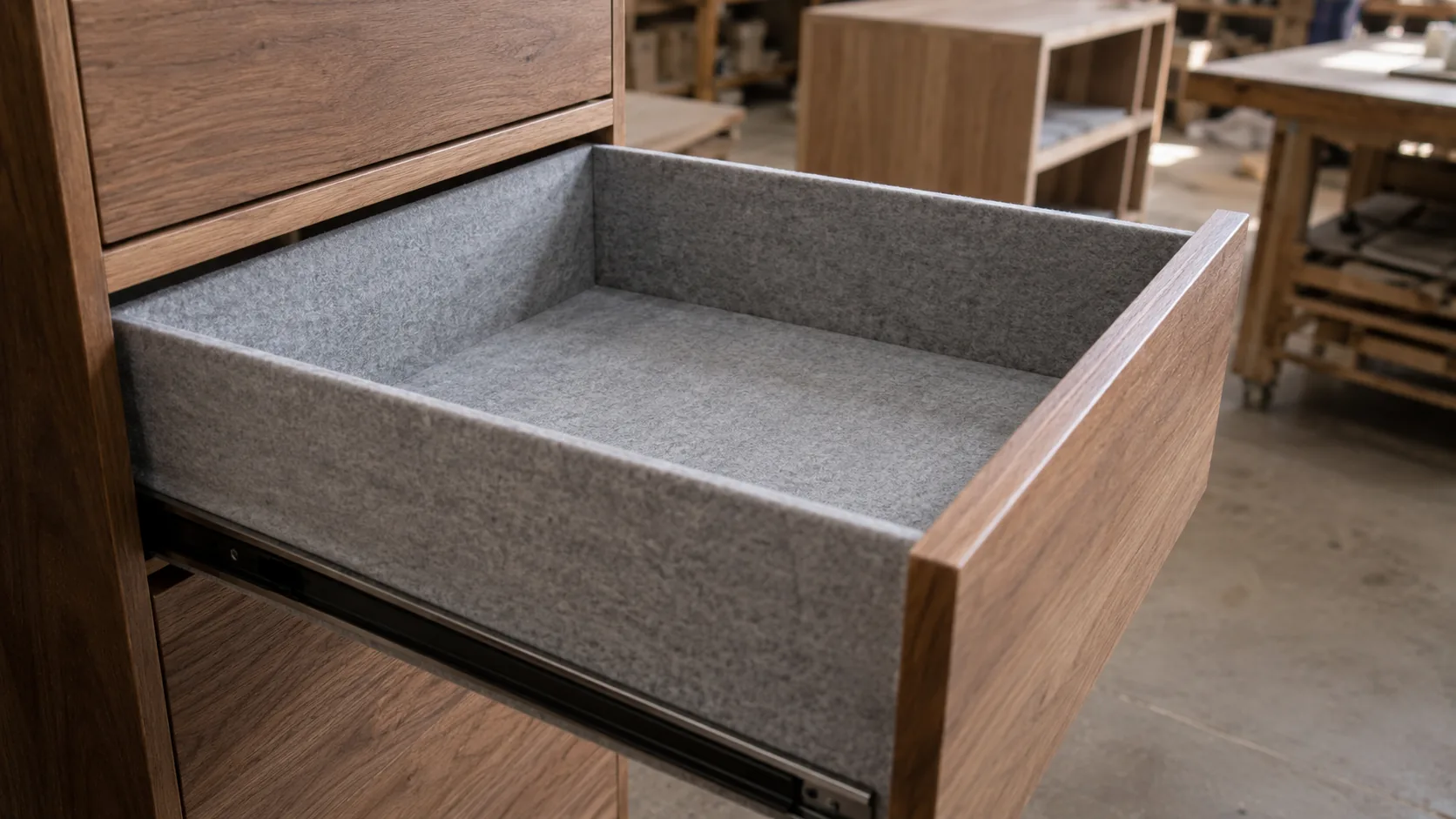 Cajón de madera con interior forrado en fieltro punzonado gris