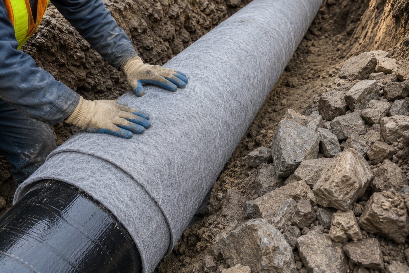Rockshield de geotextil punzonado envolviendo un caño revestido para protegerlo del impacto de las rocas durante la tapada