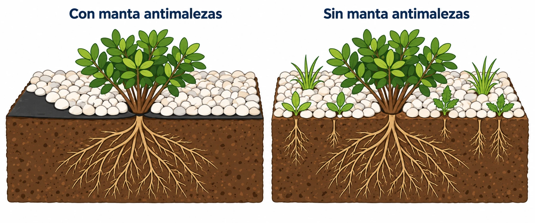 Ilustración comparativa: suelo con manta bajo las piedras y menor crecimiento de malezas, frente al suelo sin manta