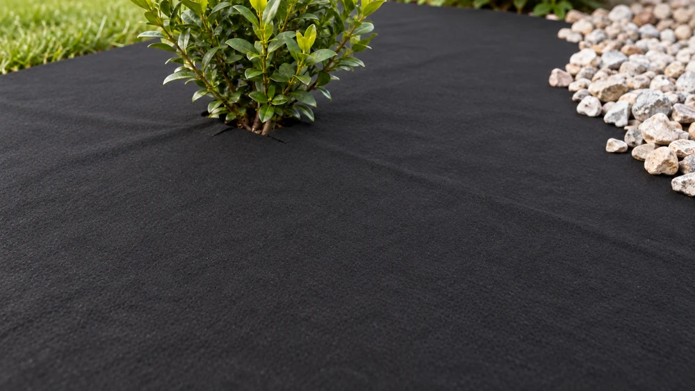 Manta negra alrededor de una planta, con piedra decorativa en parte de la superficie